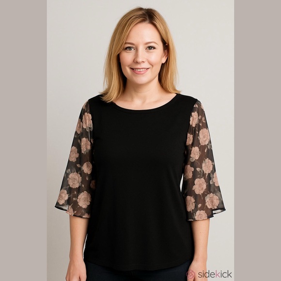Amaryllis Black Floral Sheer Sleeve Top - Picture 6 of 6